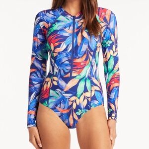 Sea Level Cabana Long Sleeve One-Piece Rashguard Swimsuit in Tropical Print